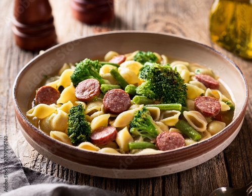 orecchiette pasta with broccoli rabe and sliced sausage in olive oil broth served in rustic ceramic bowl on aged wood table
