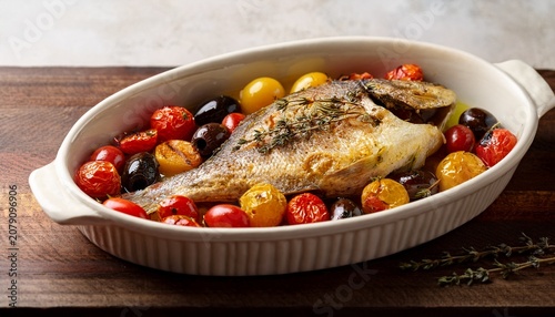 golden baked whole sea bream nestled among roasted red and yellow cherry tomatoes and olives in a rustic cream ceramic dish garnished with fresh thyme warm olive oil glaze