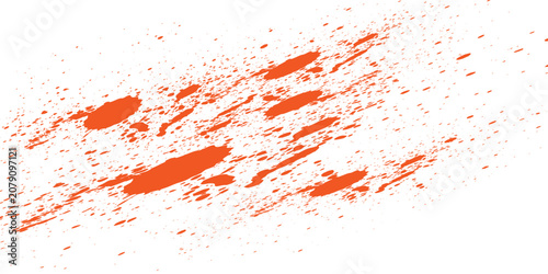 Bright orange paint splash with textured brush strokes and small splatter dots on a white background