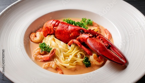 lobster claw atop linguine pasta with shrimp in rich bisque sauce garnished with parsley on white plate fine dining