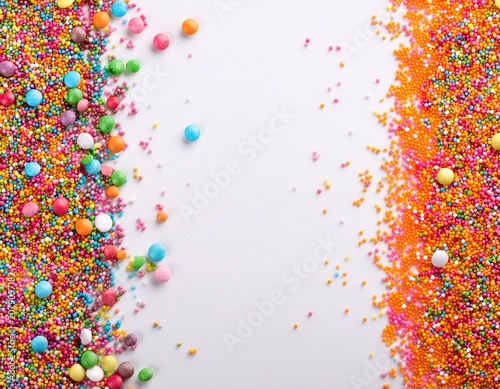 colorful sprinkles border on white background with free space for text