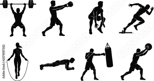 Konstfotografi Fitness and athletic training people silhouettes set including athletes lifting