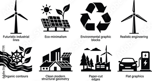 Fotografie Green energy and sustainability icon vector bundle featuring wind turbines solar