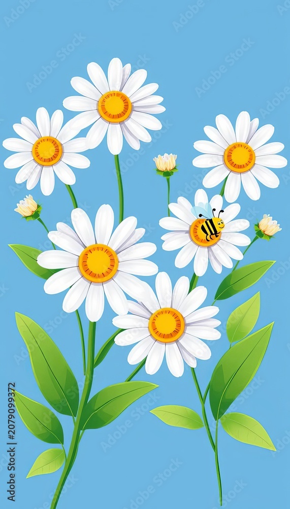 Fototapeta premium Daisy flowers with green leaves and bee cartoons on blue background vector illustration, bright blue, greenery