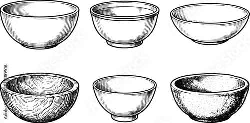 Vintage engraved illustration collection of serving bowls featuring ceramic wooden and rustic kitchen designs