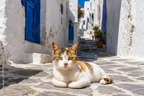 Calico cat resting on stone pavement in narrow whitewashed Greek village street