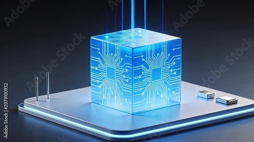 Blue glowing cube with circuit board design