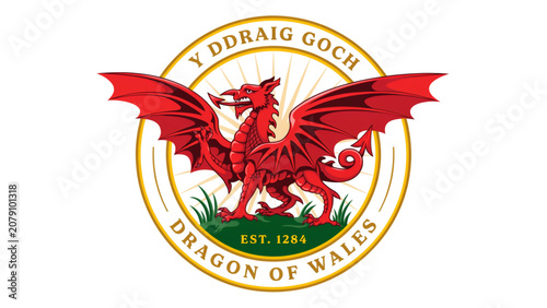 Bild auf Leinwand Welsh national flag with red dragon emblem on green and white background Vector