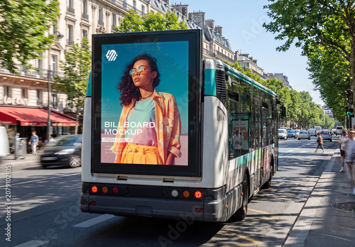 Billboard at the Back of a Bus In Paris City Mockup
