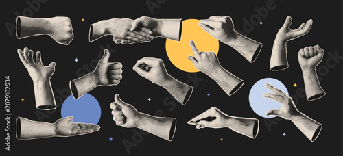 Trendy halftone collage of business hand gestures set. Vintage paper cut out elements. Hand holding, pointing, palm, fist, thumbs up, handshake. Technology teamwork ideas. Retro mixed media vector.