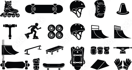 Skateboarding and Roller Skating Silhouette Icon Set with Helmet, Ramp, Wheels, Pads, and Hoverboard for Extreme Sport Designs