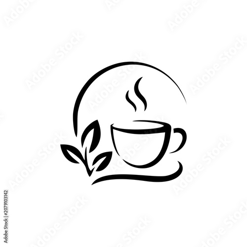 Minimalist Coffee Cup with Leaf and Steam Line Art Logo