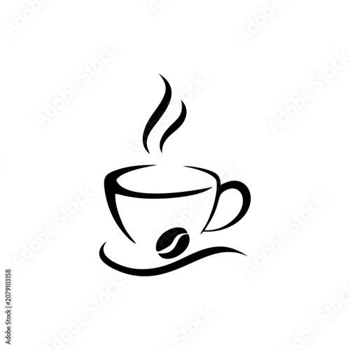 Minimalist Coffee Cup with Steam and Bean Icon, Black and White Line Art