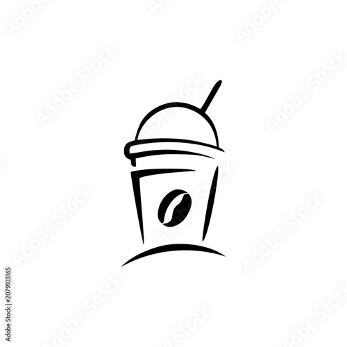 Hand-drawn Iced Coffee Cup with Coffee Bean Logo and Straw