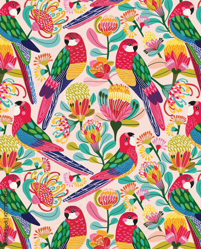 Colorful Tropical Parrots and Protea Flowers Seamless Pattern with Exotic Botanical Illustration