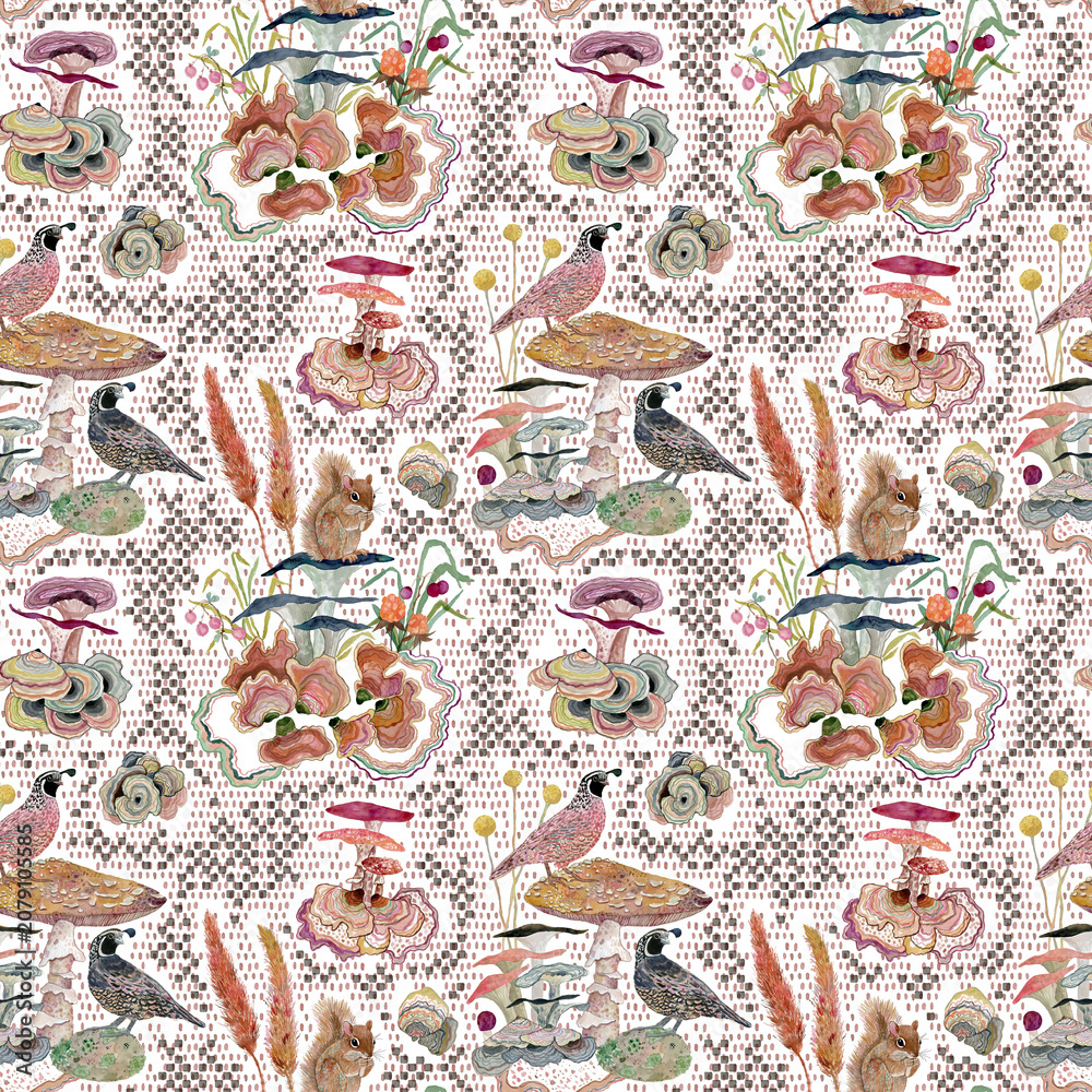 Fototapeta premium Whimsical Woodland Forest Seamless Pattern with Mushrooms, Birds, Wildflowers and Botanical Elements