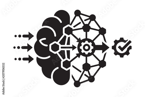 Input data flowing into artificial intelligence brain network with processing