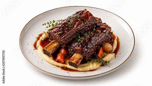 Beef Short Ribs gourmet slow cooked braised meat bone in dish served with rich red wine reduction and fresh rosemary