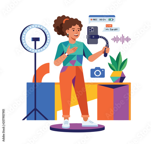Flat design of a content creator recording a video with a smartphone, modern geometric style, white background, no outline