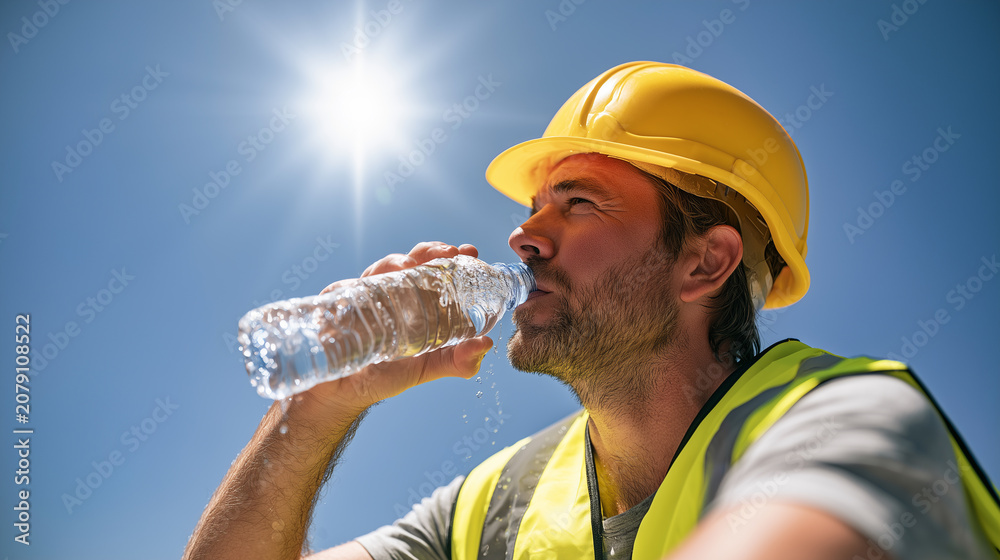 Fototapeta premium Construction worker drinking water under blazing sun to stay hydrated during extreme summer heat