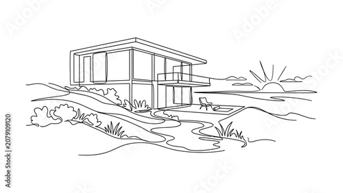 Continuous one line drawing of a modern luxury villa by the beach