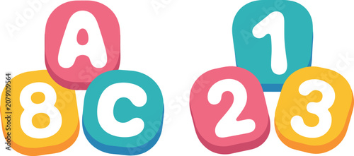 Cute cartoon alphabet ABC blocks and 123 numbers, school elementary nursery education vector illustration.