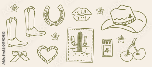 Bild auf Leinwand Cute Western Cowboy Line Art Illustration, Hand Drawn Cowgirl Green Aesthetic Do