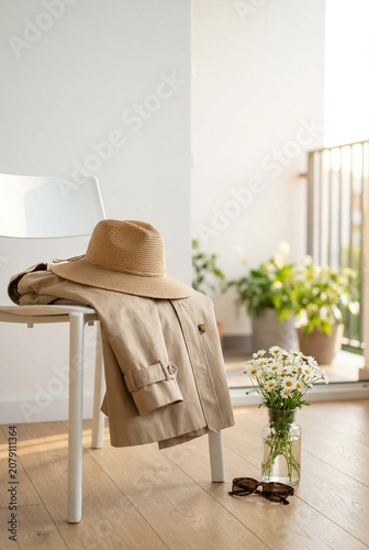 Chic Summer Transition: Beige Trench Coat, Straw Hat, and Daisies for August Fashion