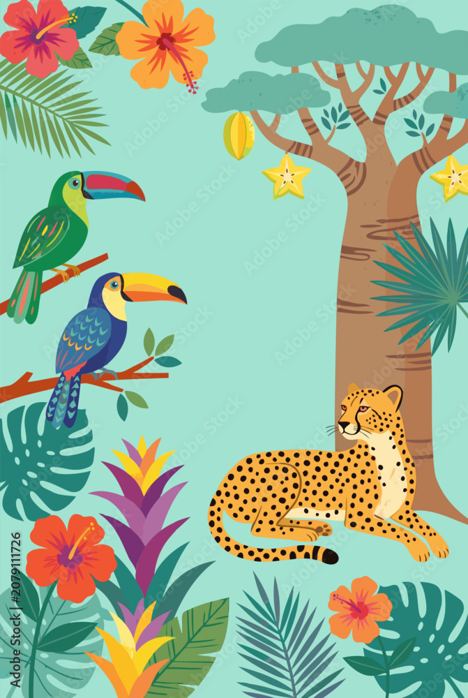 Fototapeta premium Tropical jungle scene with toucans cheetah baobab tree and hibiscus flowers