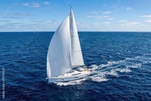 Modern Luxury Sailboat Navigating Deep Blue Ocean Waves under Clear Sky, Aerial Perspective of Yachting Lifestyle and Maritime Adventure, Freedom and Sustainability on Open Sea Flexible Layout