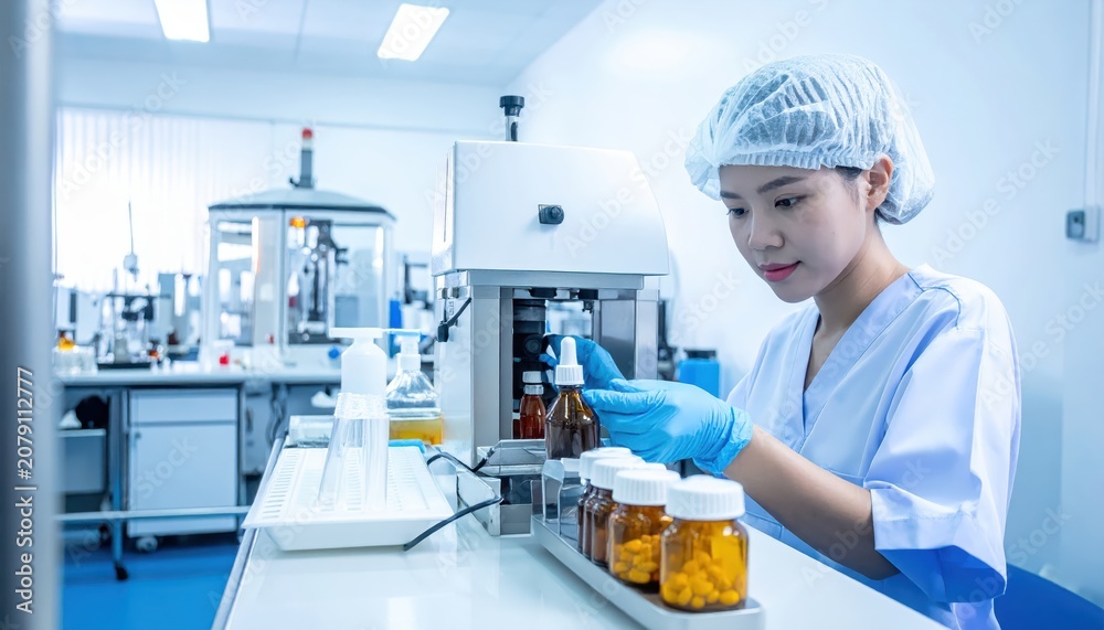 Naklejka premium Scientist Preparing Pharmaceutical Medication in a Sterile Laboratory Environment