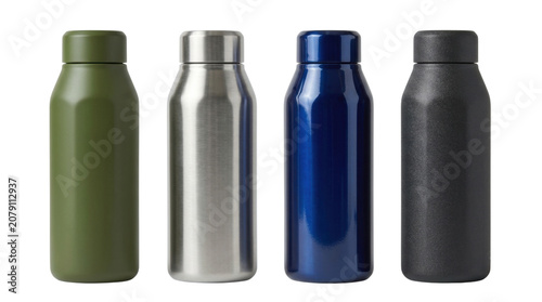 Obraz na plátně Insulated metal water bottles in distinct colors on transparent background