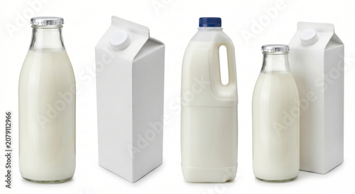 Assorted milk packaging containers including glass bottle carton and plastic jug isolated on white background