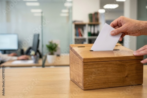 Person Casting a Vote into a Wooden Ballot Box in a Modern Office Setting for Democratic Elections or Employee Feedback Systems with Copy Space