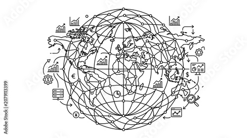 Black and white illustration of a globe with various icons and symbols.