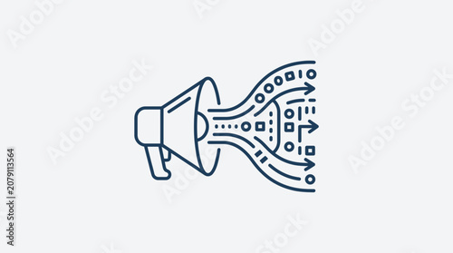 Megaphone with flowing data and icons.