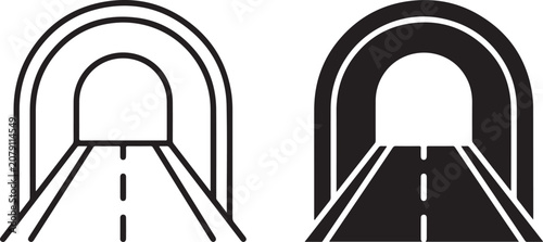 Road tunnel entrance icon pair representing infrastructure and transport connectivity with entrance