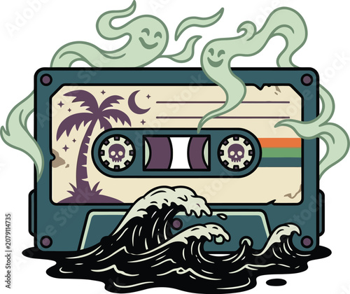 Audio tape features a tropical island scene with ghosts rising from waves.