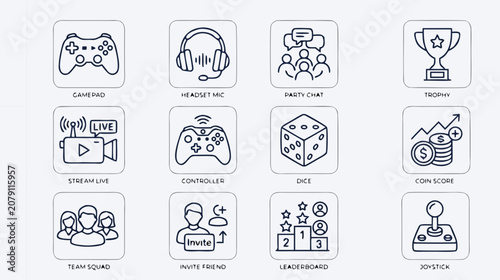 Gaming icons set with gamepad, headset, and trophy