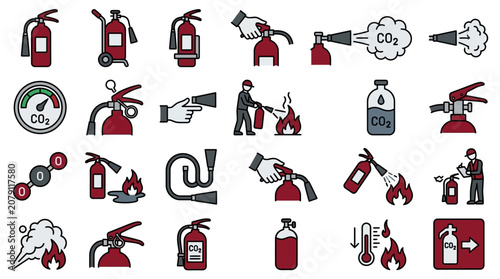 Tableau sur toile Fire safety equipment and actions depicted in various illustrations