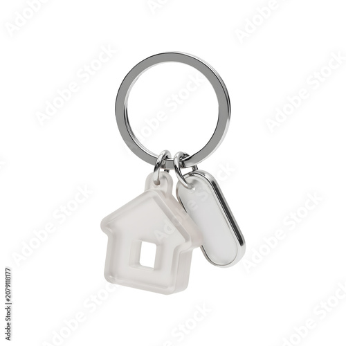Keychain with house shaped key and blank metal tag isolated on transparent background