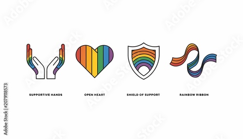 LGBTQ+ Pride symbols set: hands, heart, shield, ribbon with rainbow flag colors on white. Illustrates diversity, love, and support.