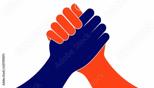 Hands illustration: Two stylized, contrasting blue and orange hands clasped firmly, symbolizing unity, teamwork, partnership, and agreement, isolated on a white background.