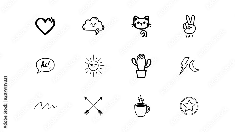 Fototapeta premium Illustrations Featuring a Heart, Cloud, Cat, Peace Sign, Speech Bubble, Sun, Cactus, Lightning, Moon, Signature, Arrows, Coffee Cu