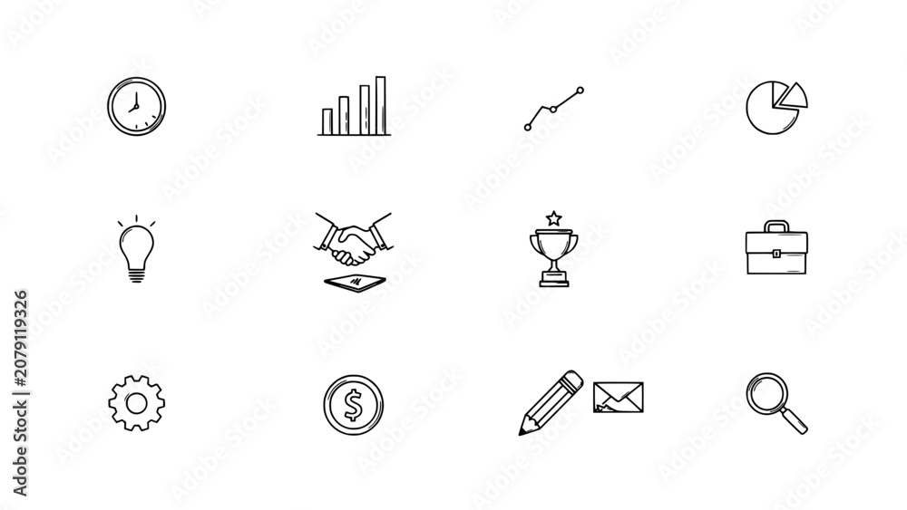 Fototapeta premium Icons Set of Various Business Office Symbols Including Clock, Chart, Handshake, Trophy, and Magnifying Glass