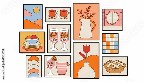 Mid-century modern retro gallery wall with abstract minimalist illustrations of food, drinks, and nature for stylish home interior decoration.