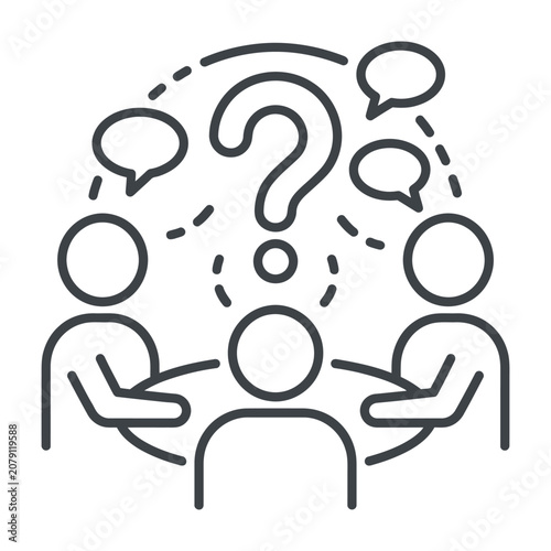 Team brainstorming session with a central question mark and speech bubbles