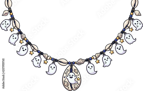 Necklace made of tiny ghost charms and seashells creates a cute aesthetic.