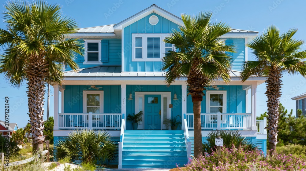 Fototapeta premium Teal beach house with palm trees by ocean