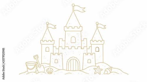 Golden line art sandcastle illustration on a sandy beach, with towers, flags, bucket, shovel, starfish, and seashells, symbolizing summer vacation and creative play.